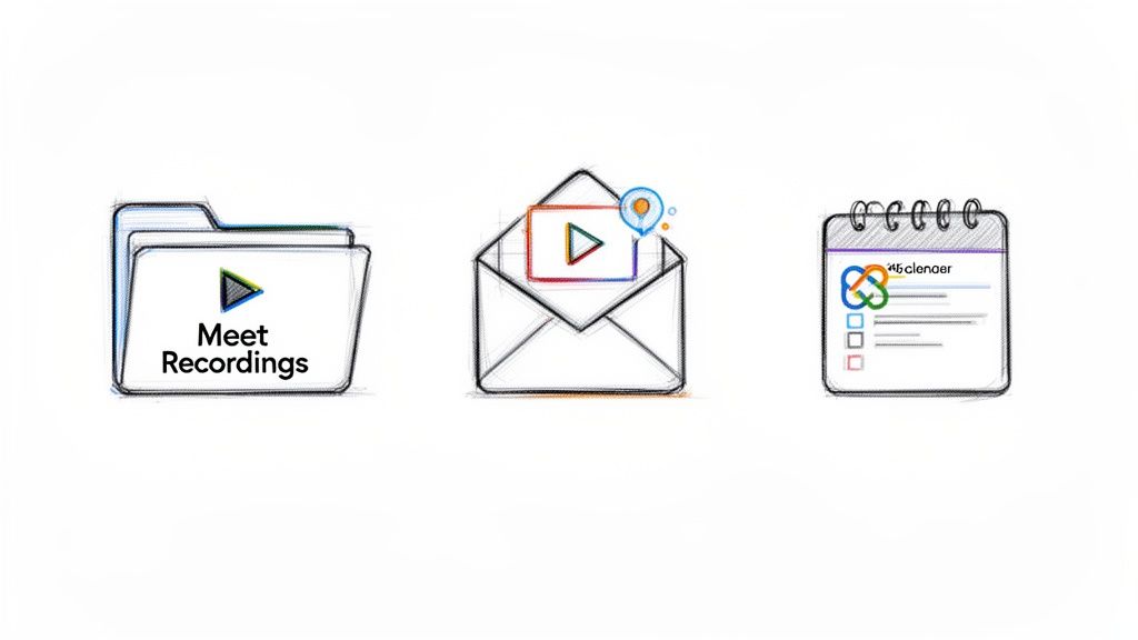 Sketched icons illustrating Google Meet recording management: a folder, video email, and calendar.