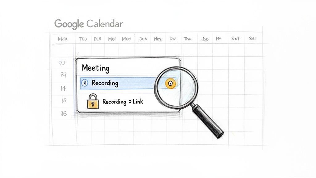 Sketch of Google Calendar highlighting a 'Meeting' event with the 'Recording' option magnified.