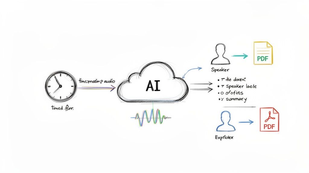 Diagram illustrating AI processing timed audio to generate speaker labels, summaries, and PDF outputs.