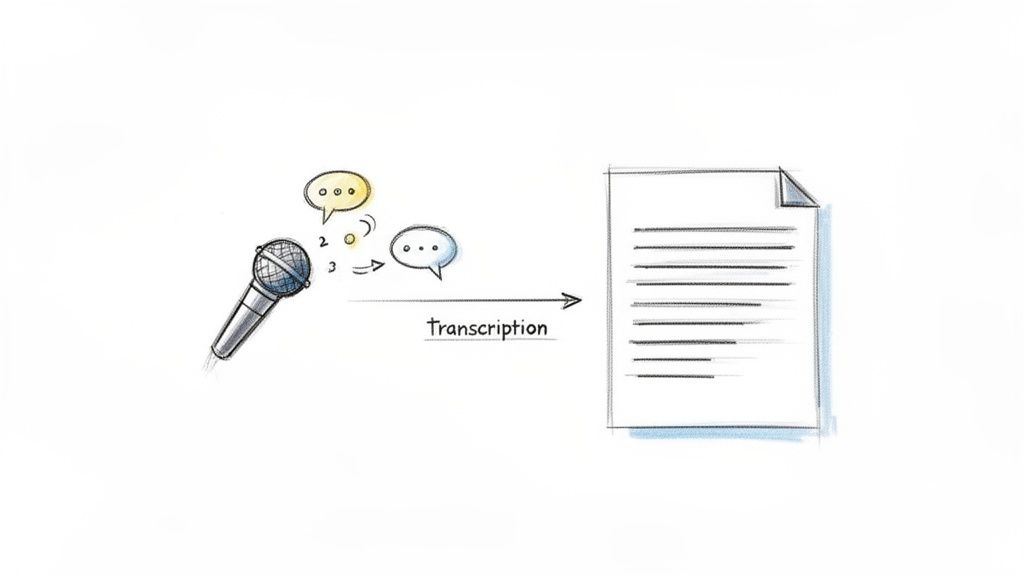 A diagram illustrating a microphone converting spoken words into written text through transcription.