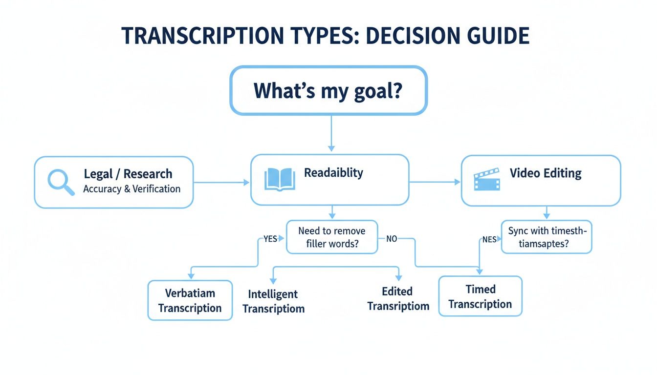 A flowchart illustrating different transcription types, including verbatim, intelligent, edited, and timed, based on user goals.