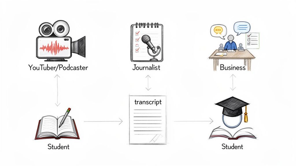 Image illustrating the use cases of transcription for YouTubers, journalists, businesses, and students.