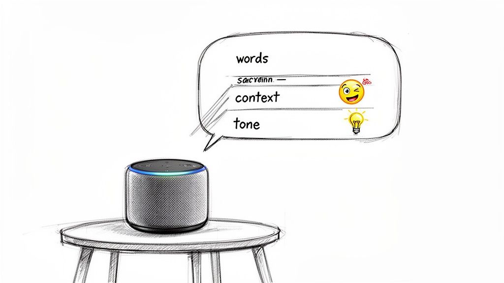 Illustration of a smart speaker with a thought bubble explaining natural language processing concepts.