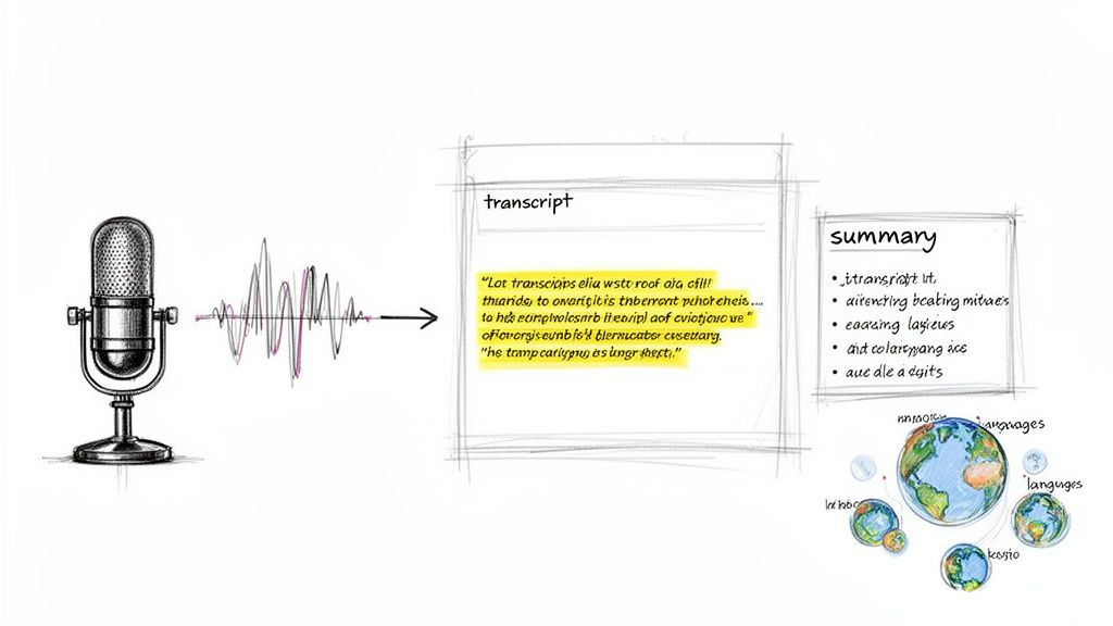 An illustration of audio being transcribed, summarized, and processed across multiple languages.