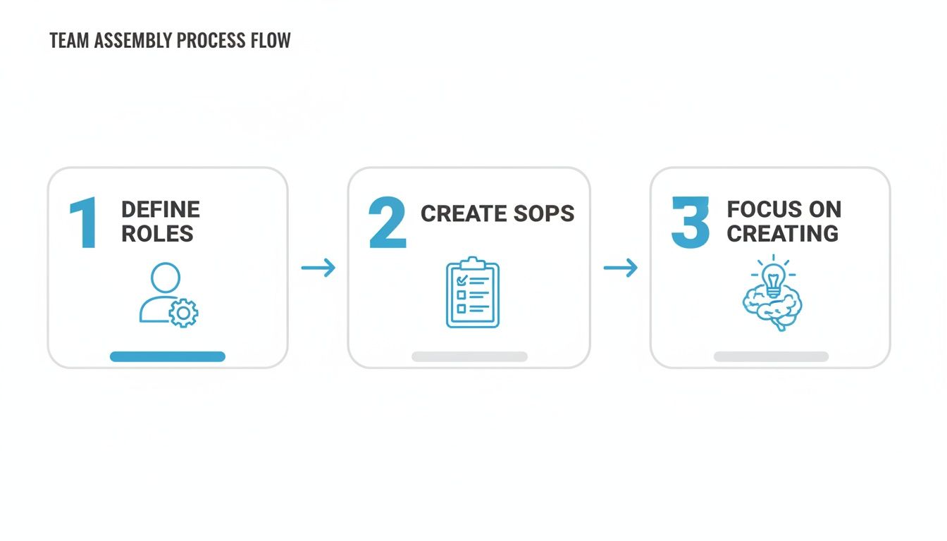 A three-step process flow for team assembly: define roles, create SOPs, and focus on creating.