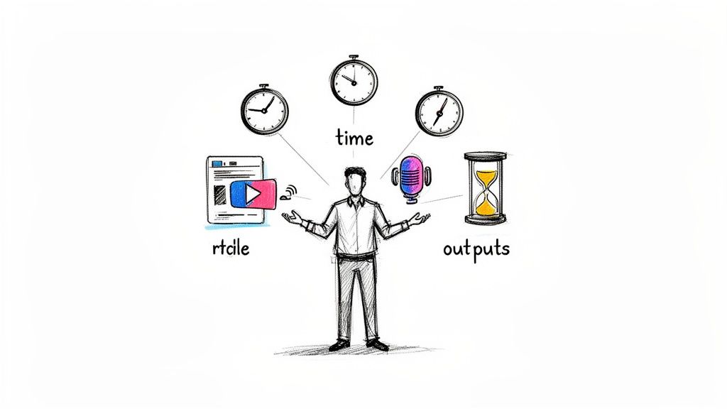Illustration of a person balancing digital media, time, and outputs in a content creation workflow.