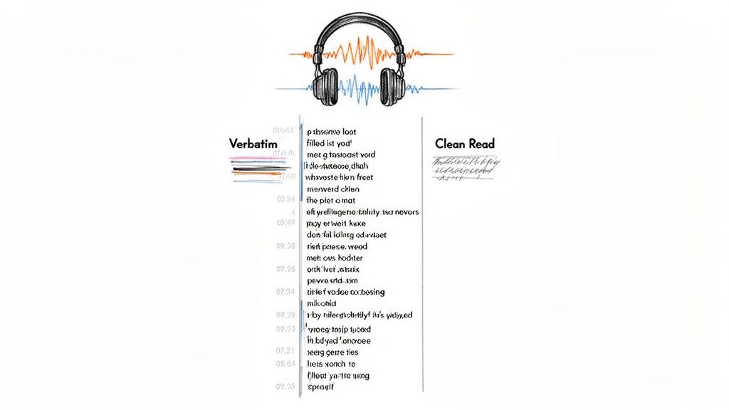 Headphones with sound waves illustrate the difference between verbatim and clean read transcription.