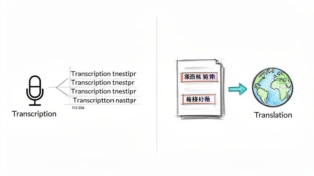 Diagram illustrating the workflow from audio transcription to written text, then text translation into another language for global reach.