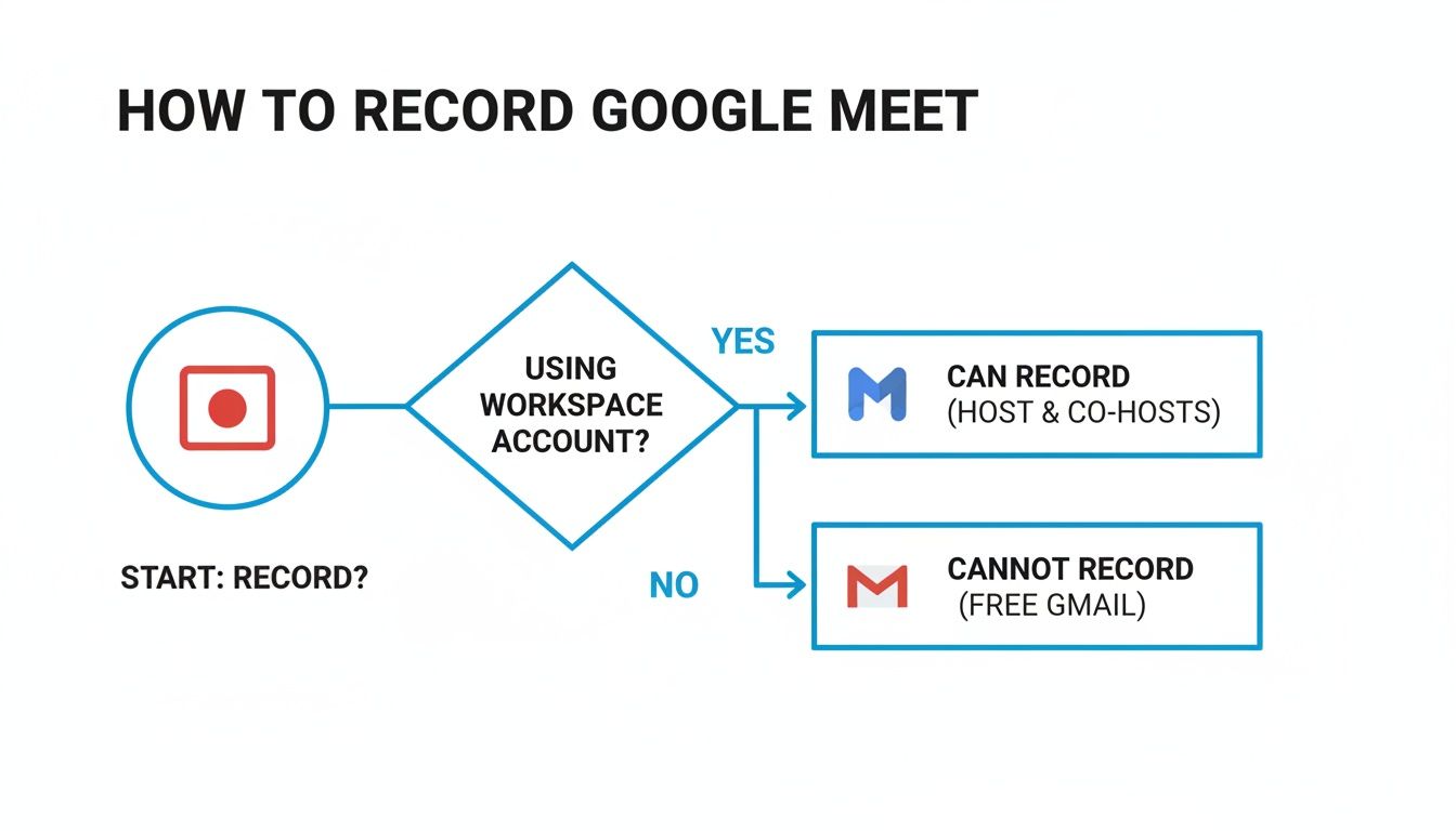 Flowchart showing Google Meet recording eligibility based on Workspace or free Gmail account type.