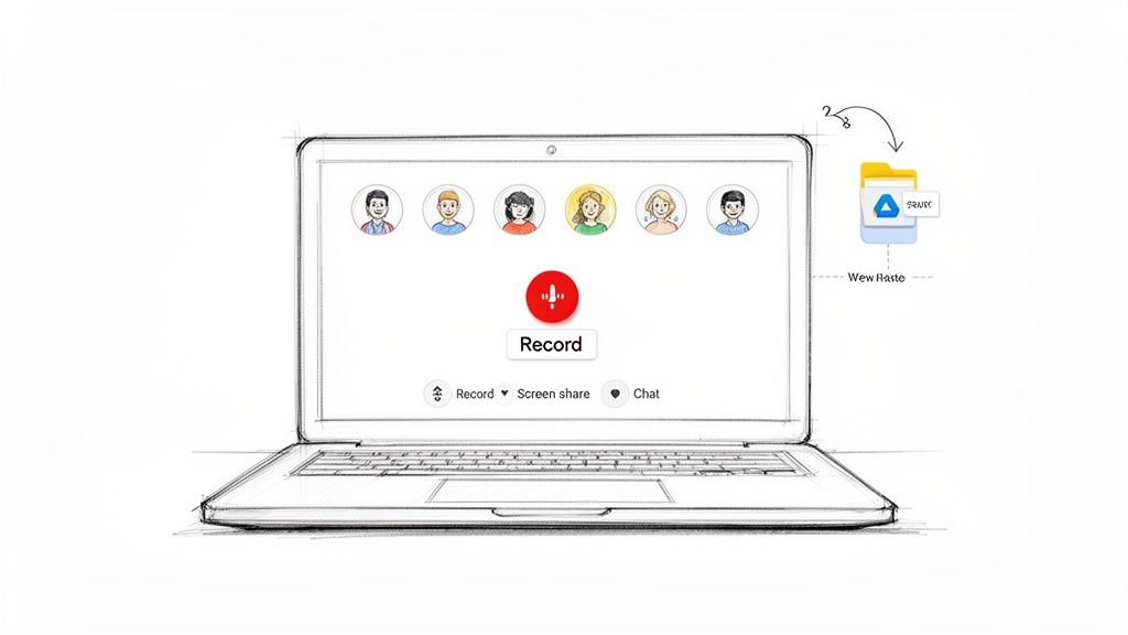 Sketch of a laptop displaying a video call interface with a record button and a Google Drive folder.