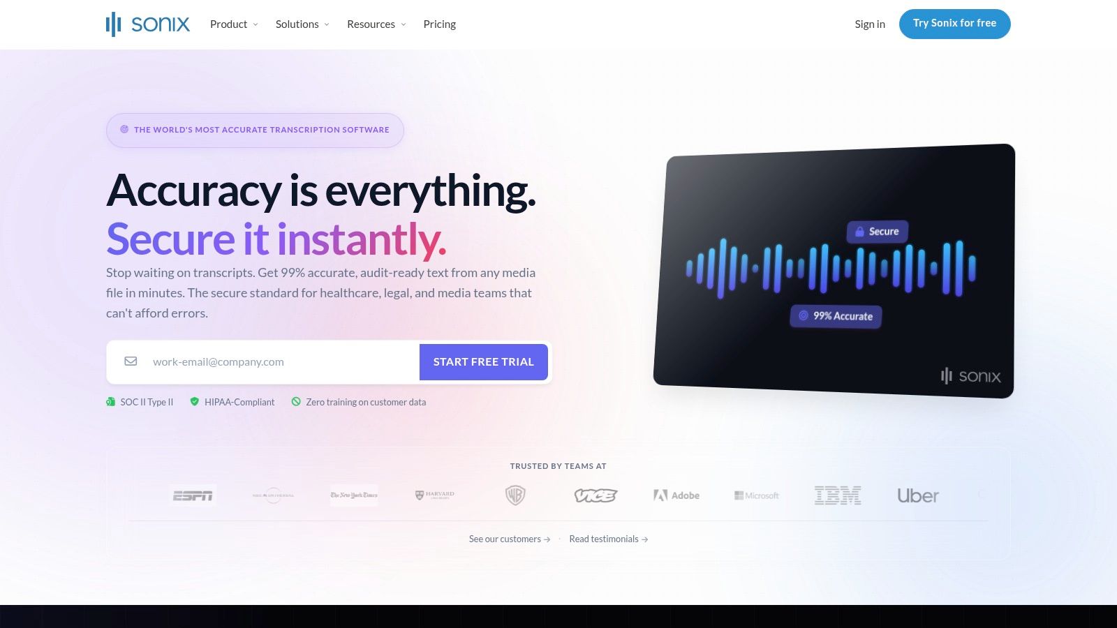Sonix's interface showing its web editor with media aligned to text for easy corrections.