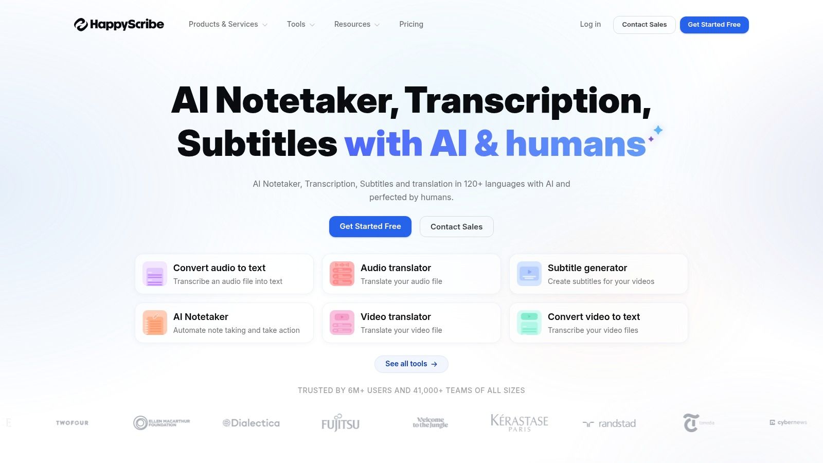 Happy Scribe's interface showing a video with a transcript being edited and speaker labels assigned.