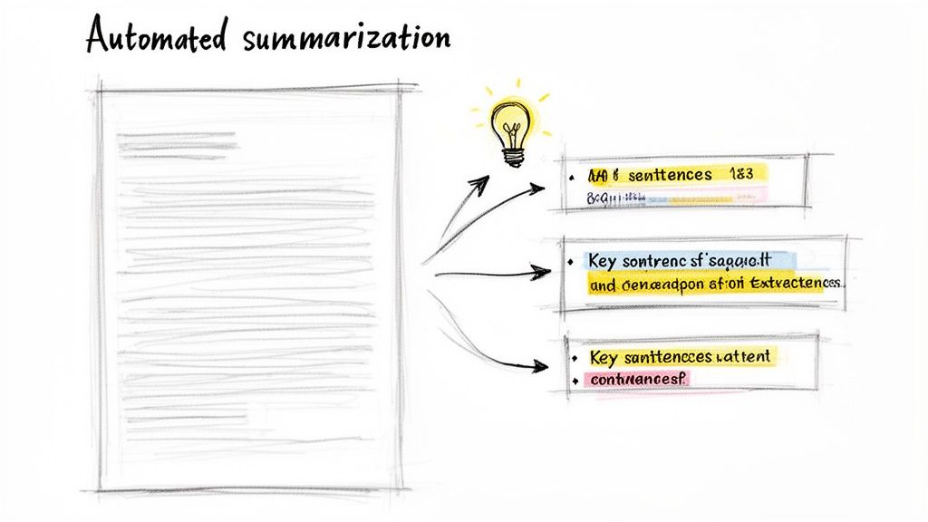 A diagram illustrates automated text summarization, showing a document being processed into key sentences and extracted content.