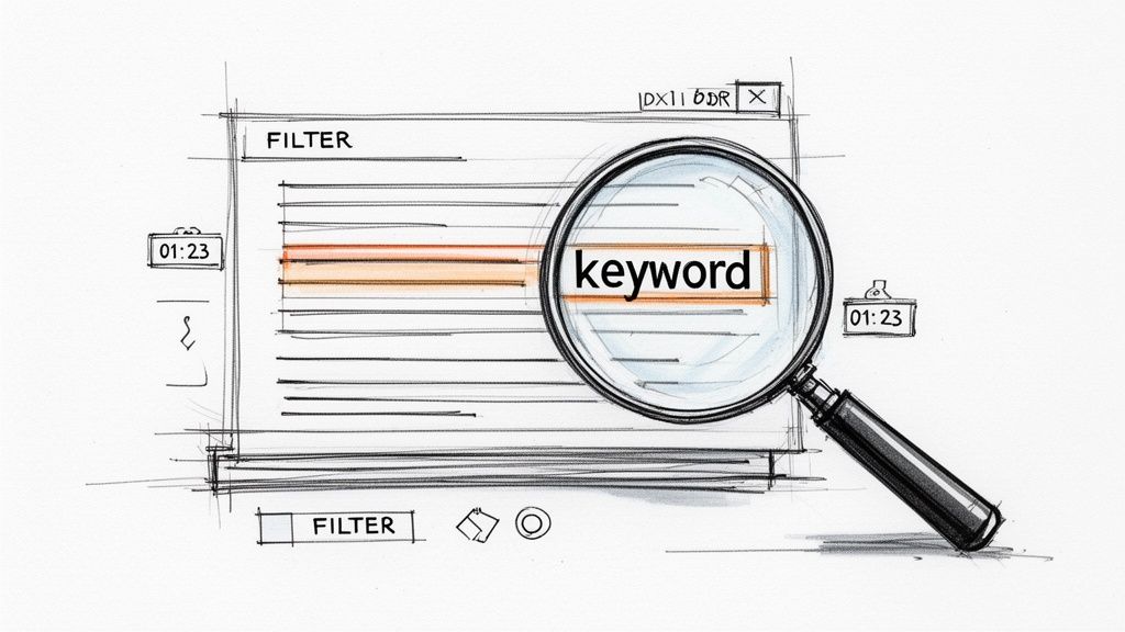 Hand-drawn sketch of a search interface with a magnifying glass over the word 'keyword'.
