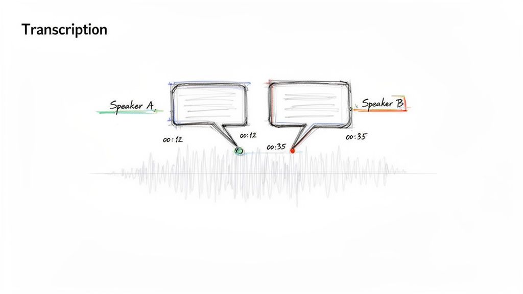 Illustration of audio transcription showing two speakers with timestamps on a waveform.