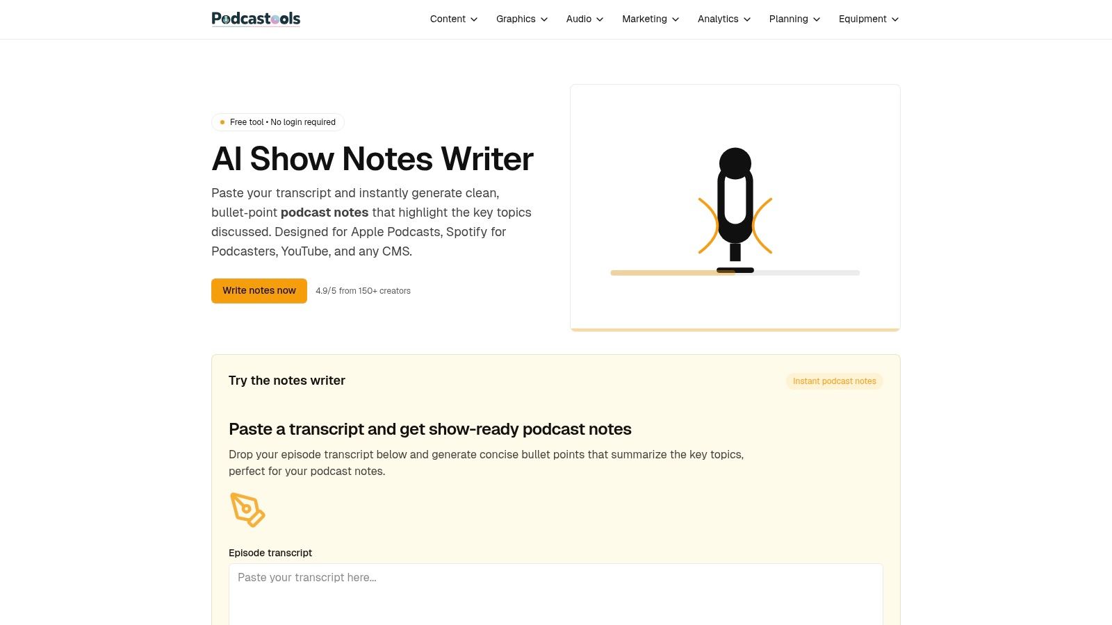Podcastools – AI Show Notes Writer (free, minimalist output)