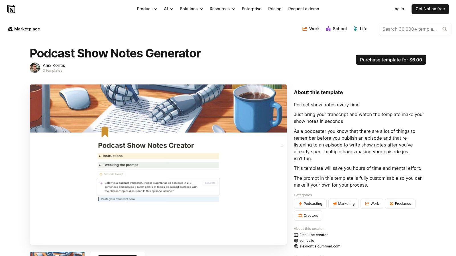 Notion Template – Podcast Show Notes Generator (Notion Marketplace)