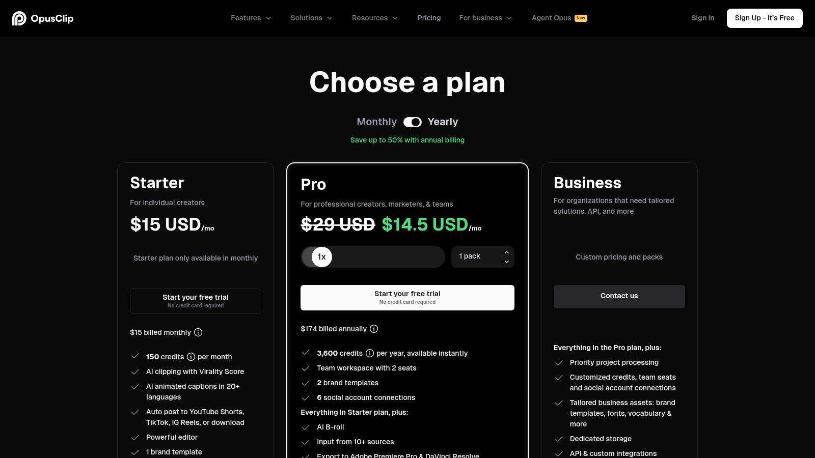 Opus Clip pricing plans for its AI clipping and repurposing tool