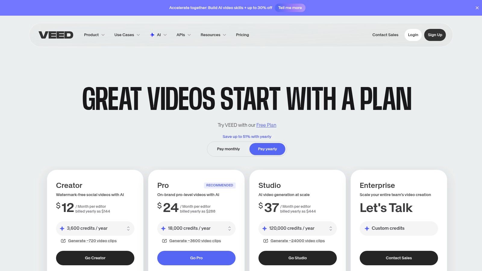 VEED pricing plans for its AI video editor