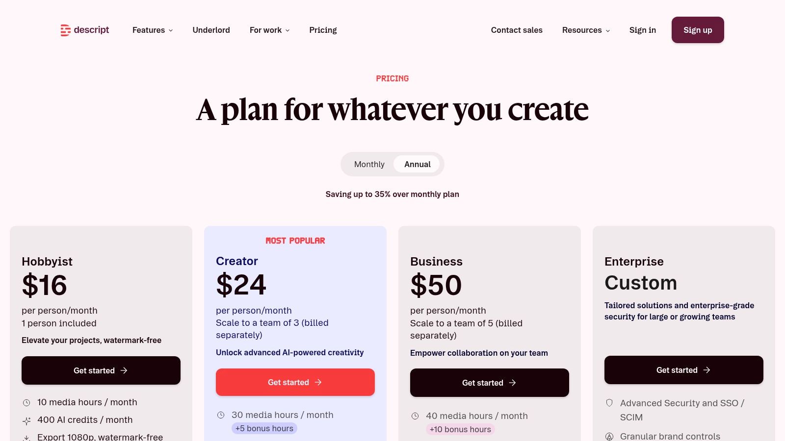 Descript pricing plans for its AI video and audio editor