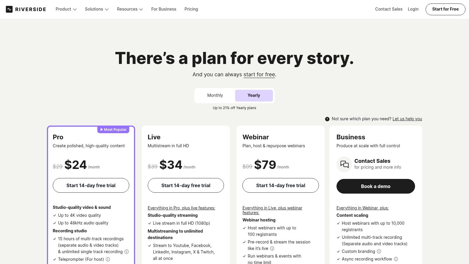 Riverside pricing page showing plans for its AI recording and editing platform