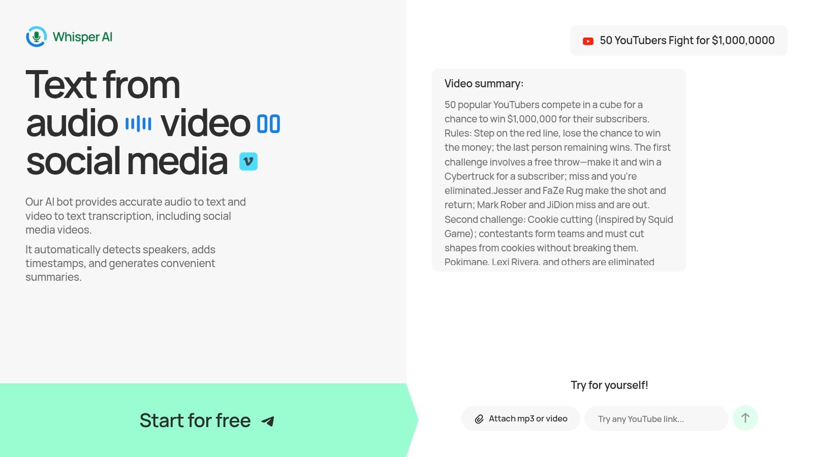 Whisper AI interface showing transcription and summarization features for an educational video.