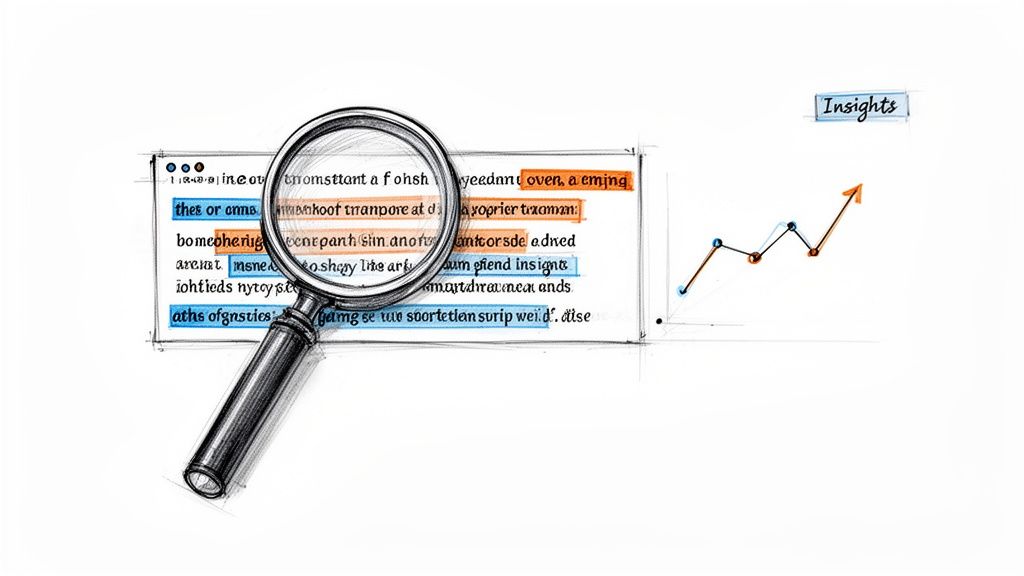 Изображение, наложенное на документ с помощью увеличительного стекла, показывает выделенный текст и график восходящего тренда с разделом «Аналитика».