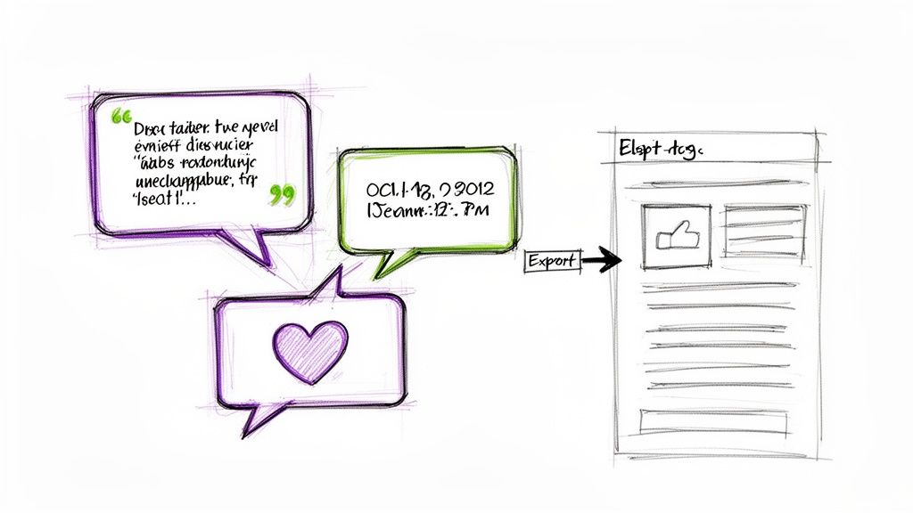 Схема, демонстрирующая экспорт контента из социальных сетей, такого как цитаты, лайки и даты, в отчет.