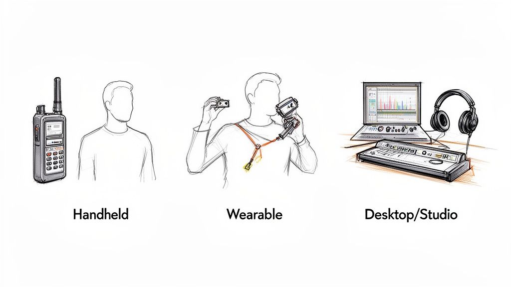Схема, демонстрирующая портативные, носимые и настольные/студийные устройства и схемы аудиозаписи.