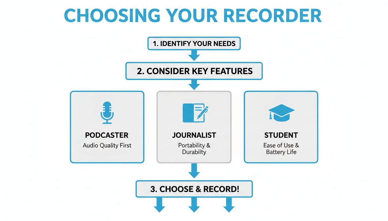 Блок-схема, помогающая пользователям выбрать аудиорекордер в зависимости от потребностей подкастеров, журналистов и студентов.
