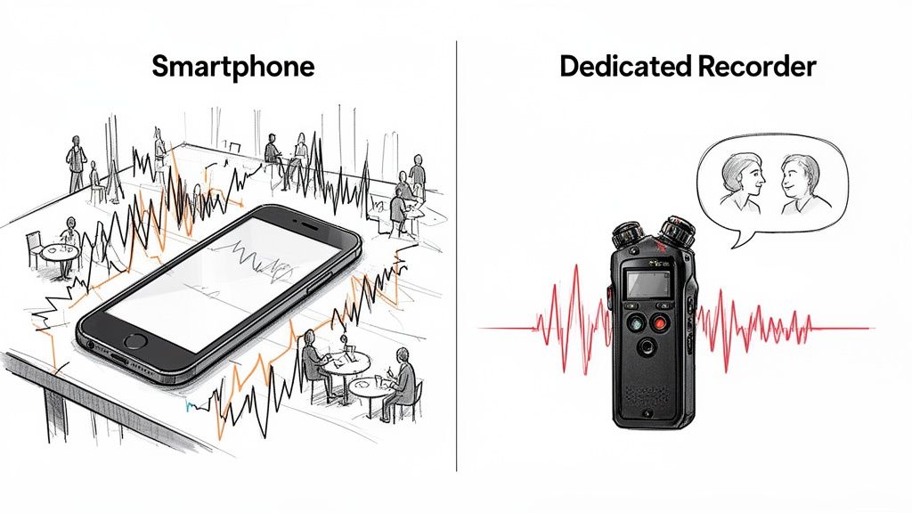 Смартфон с трудом справляется с фоновым шумом, в то время как специализированный диктофон четко записывает разговор.