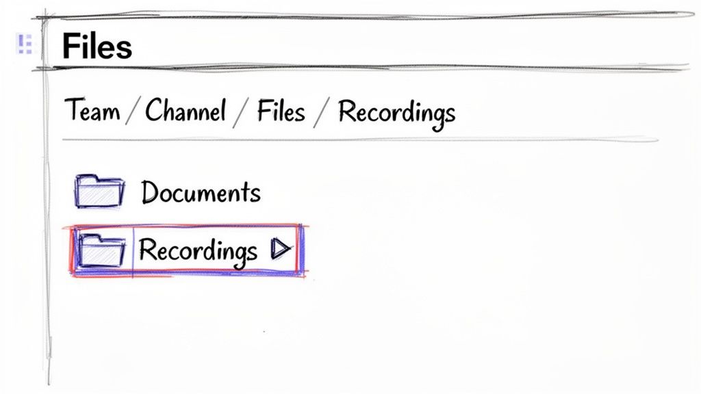 A hand-drawn sketch of a file browser showing a 'Recordings' folder highlighted in a Teams-like interface.