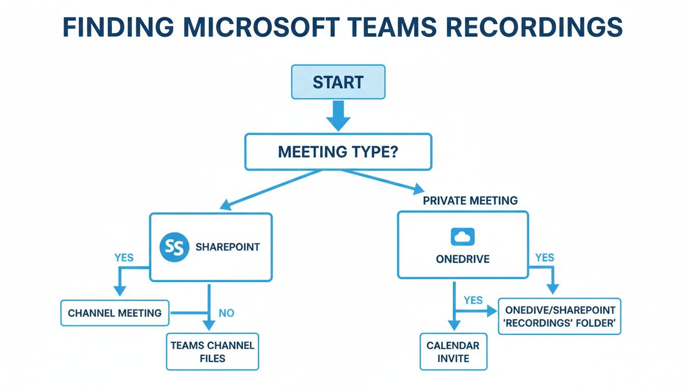 Flowchart detailing how to find Microsoft Teams recordings based on meeting type, including private or channel meetings.