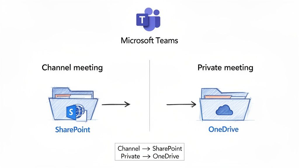 Diagram showing Microsoft Teams meeting recording storage: Channel meetings go to SharePoint, private meetings to OneDrive.