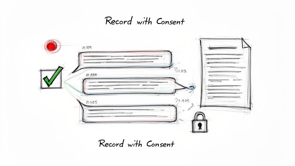 Sketch illustrating recording conversations with consent, showing chat bubbles, a checkmark, a document, and a padlock.