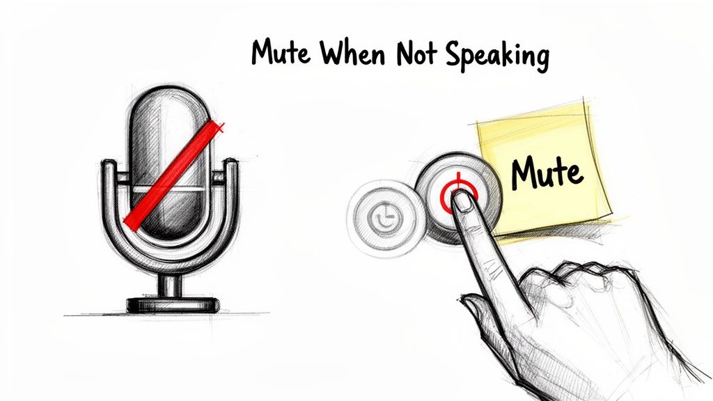 Illustration: Muted microphone and a hand pressing a mute button with a 'Mute When Not Speaking' message.