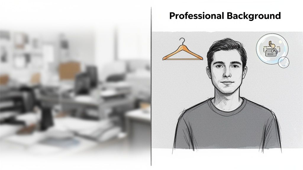 Image contrasting a blurred professional office background with a sketch of a man, hanger, and money bubble.