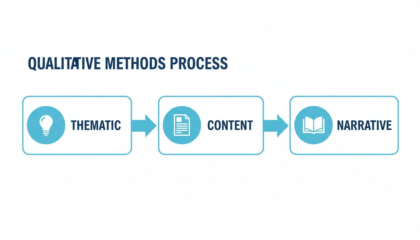 Flowchart showing qualitative methods process: Thematic, Content, and Narrative analysis steps.