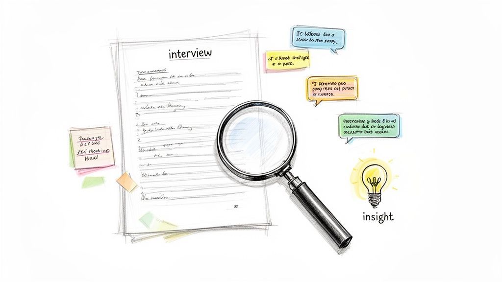 Illustration of interview notes, a magnifying glass, and a lightbulb representing insight from qualitative data analysis.