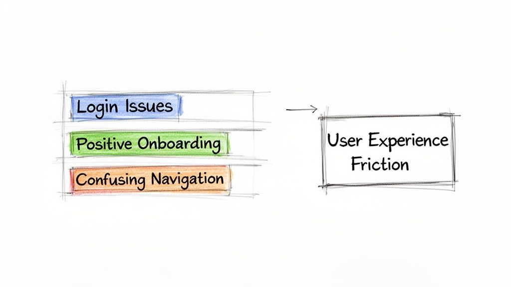 A hand-drawn diagram showing login issues, positive onboarding, and confusing navigation leading to user experience friction.