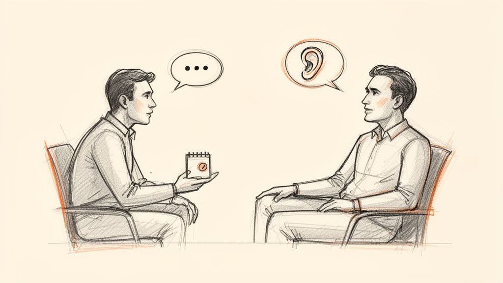 A pencil sketch depicting two men having a conversation, one speaking and the other actively listening.