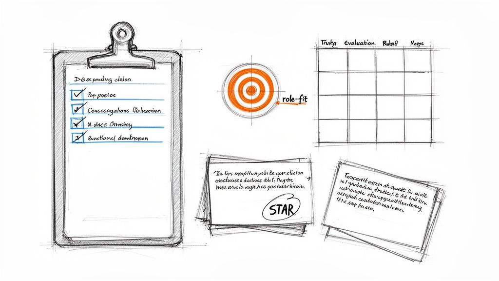 Hand-drawn sketch illustrating various interview techniques: a checklist, role-fit target, evaluation grid, and STAR method notes.