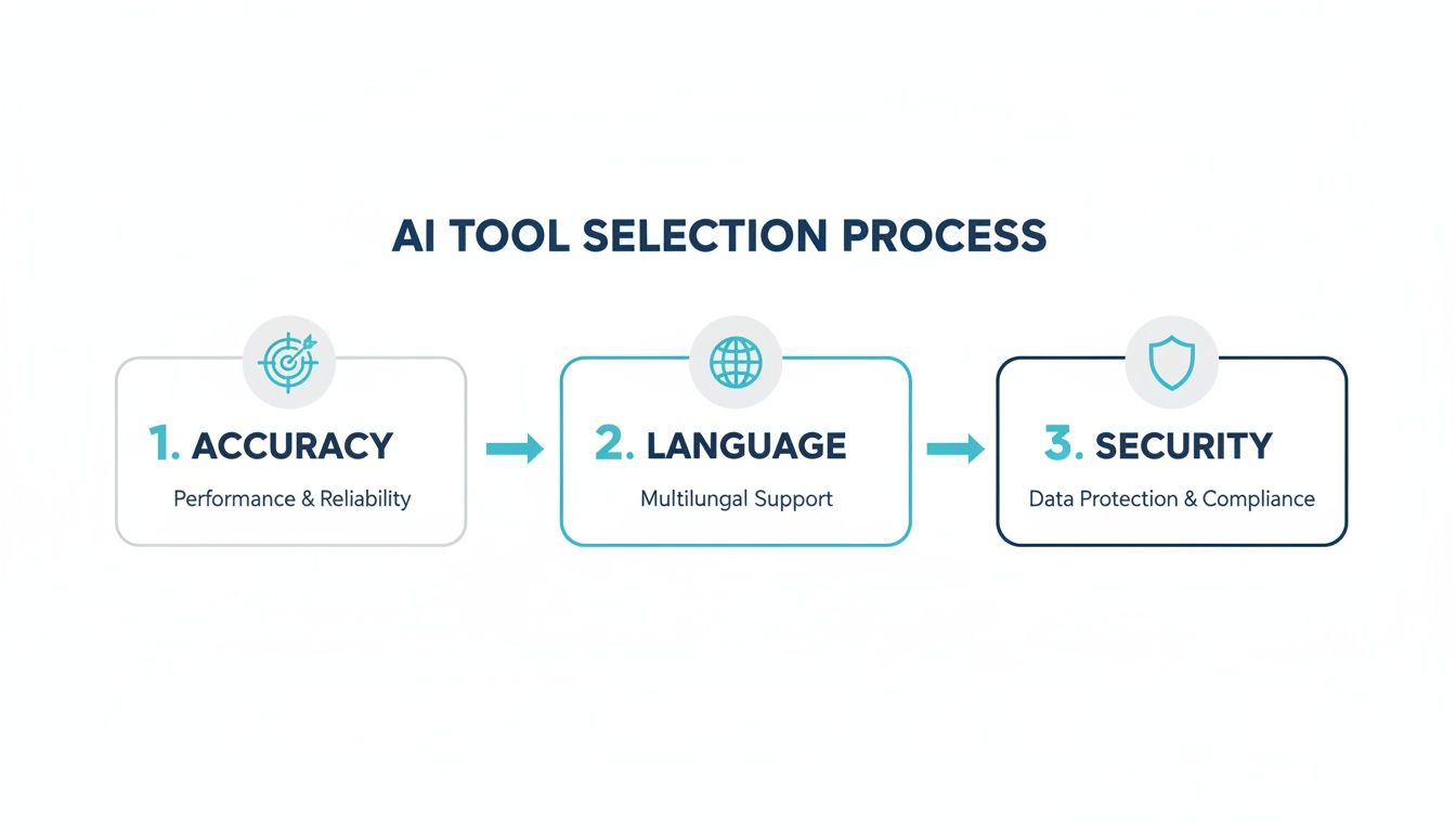 Infographic outlining the AI tool selection process with steps for accuracy, language, and security.
