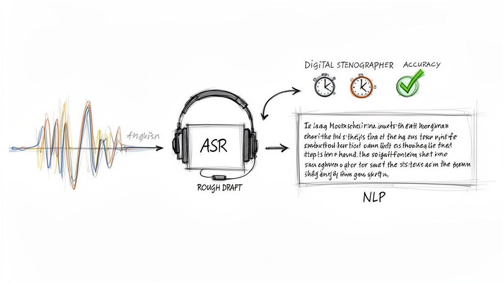 Diagram showing audio waves converted by ASR to a rough text draft, then processed by NLP for digital stenography accuracy.