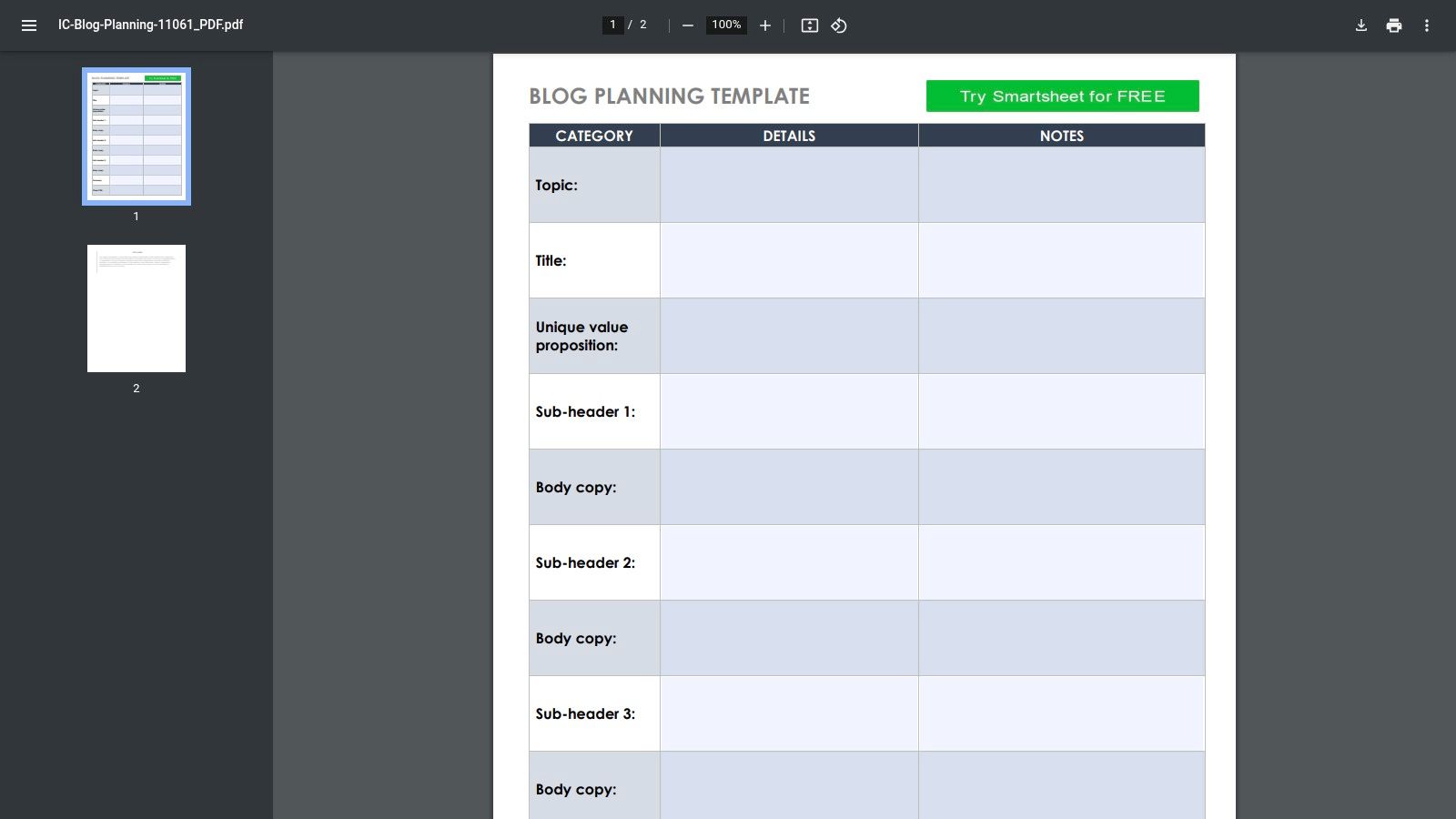 Smartsheet – Blog Planning Template (PDF/Sheet)
