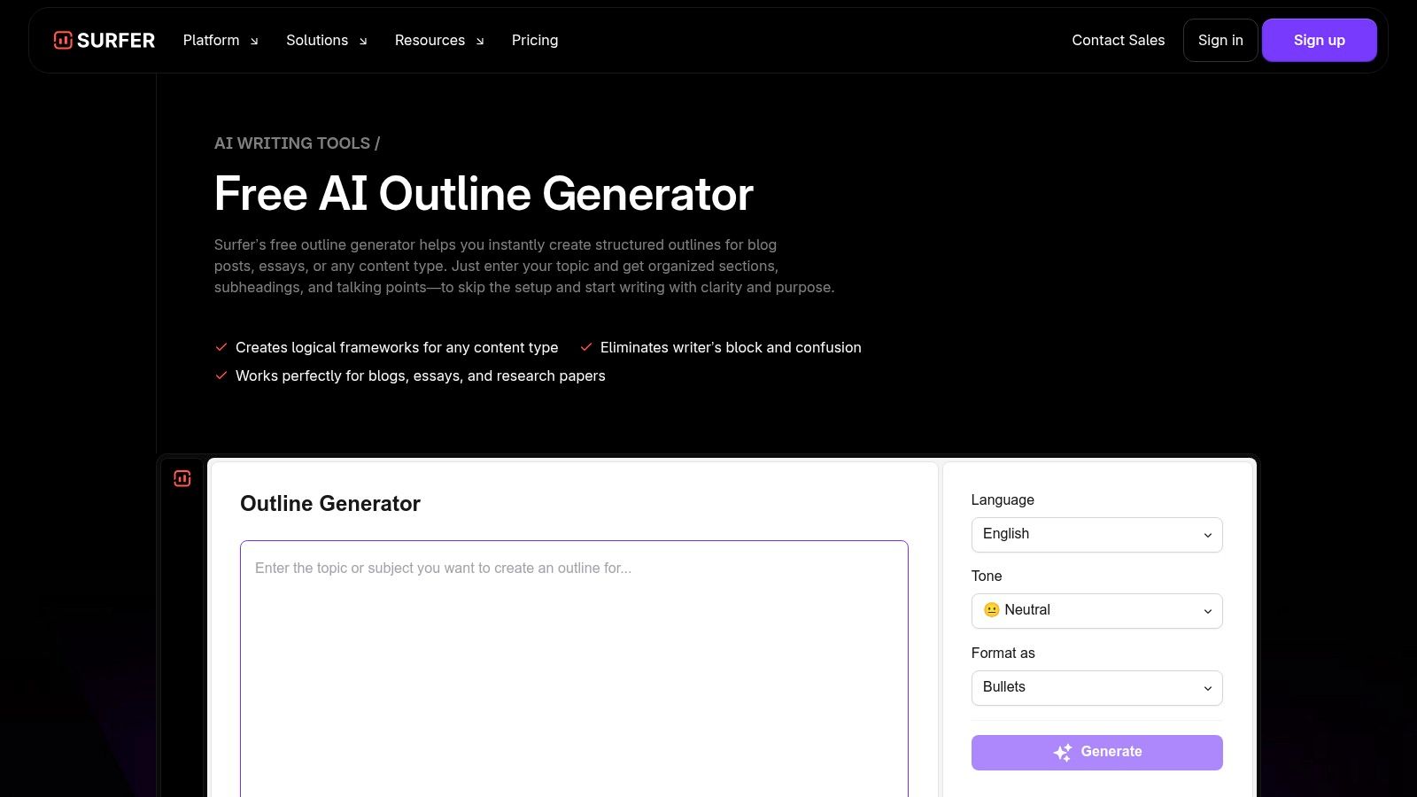 SurferSEO – Free AI Outline Generator + Content Editor Outline Templates
