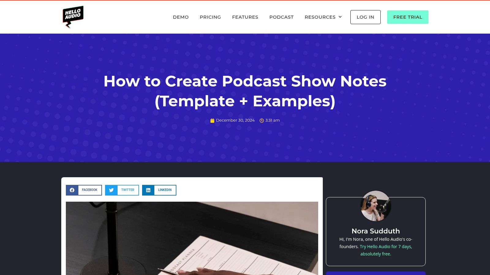 Hello Audio's guide to podcast show notes featuring a blog post layout
