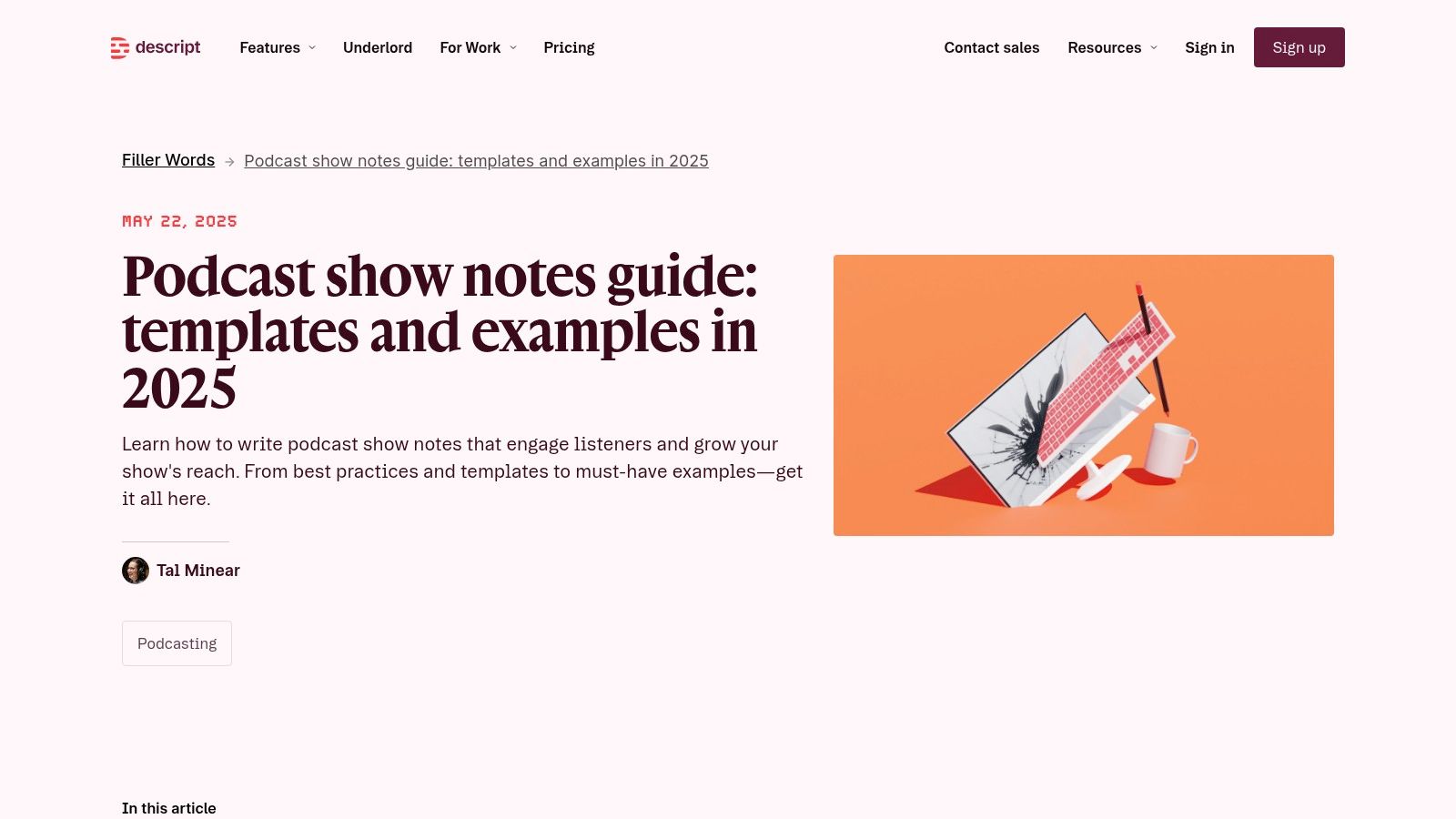 Descript's AI show notes template displayed on a screen