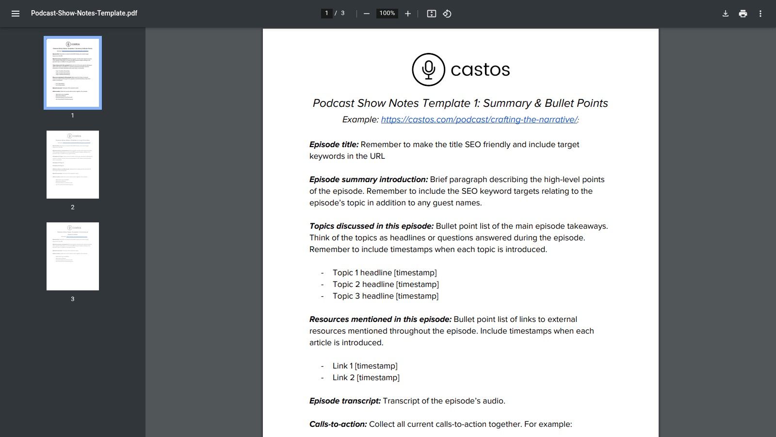Castos's PDF worksheet for podcast show notes featuring checklists and fillable sections