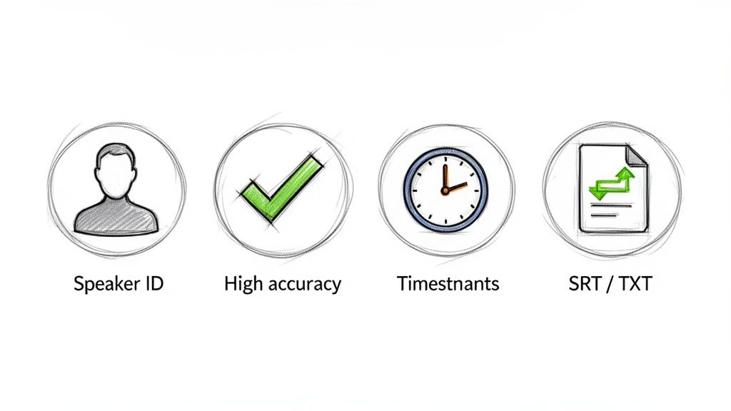Four sketch-style icons representing transcription features: Speaker ID, High accuracy, Timestamps (clock), and SRT/TXT file export.